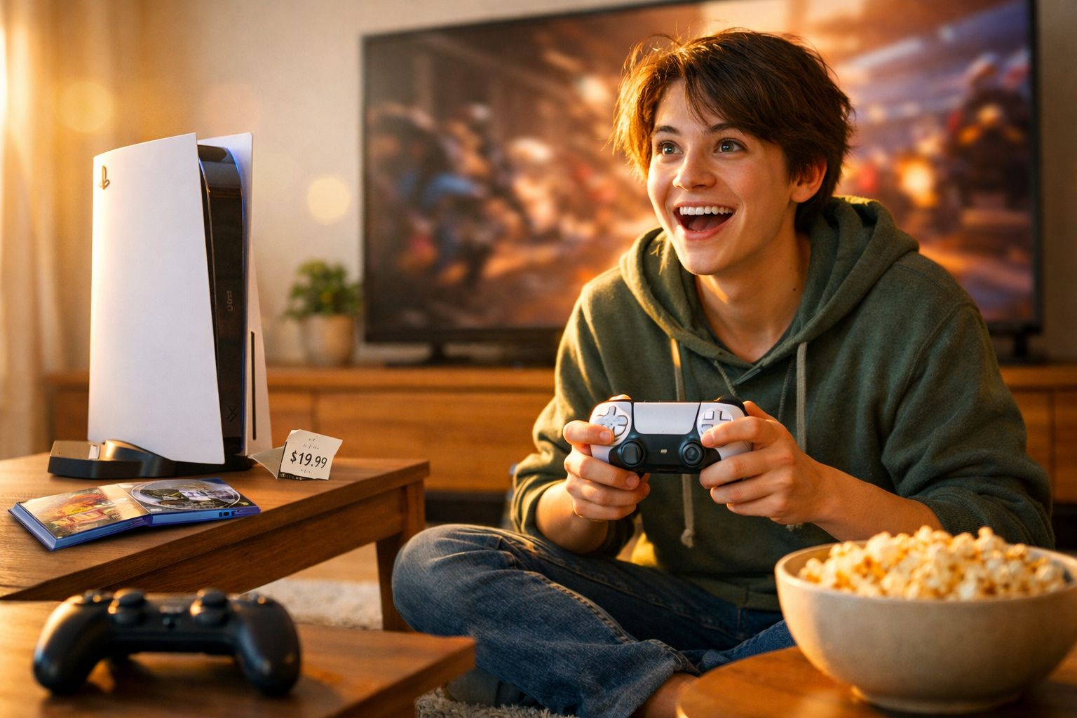 Jovem sorrindo segurando controle de videogame, com console, jogos e pipoca em mesa próxima.
