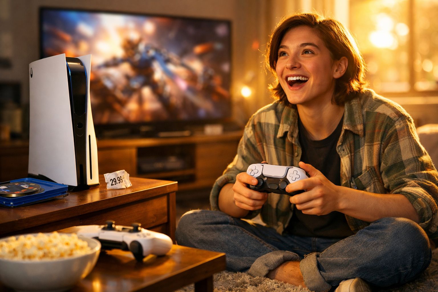 Jovem sorridente segurando controle de videogame, sentado no chão com televisão e PS5 ao fundo.