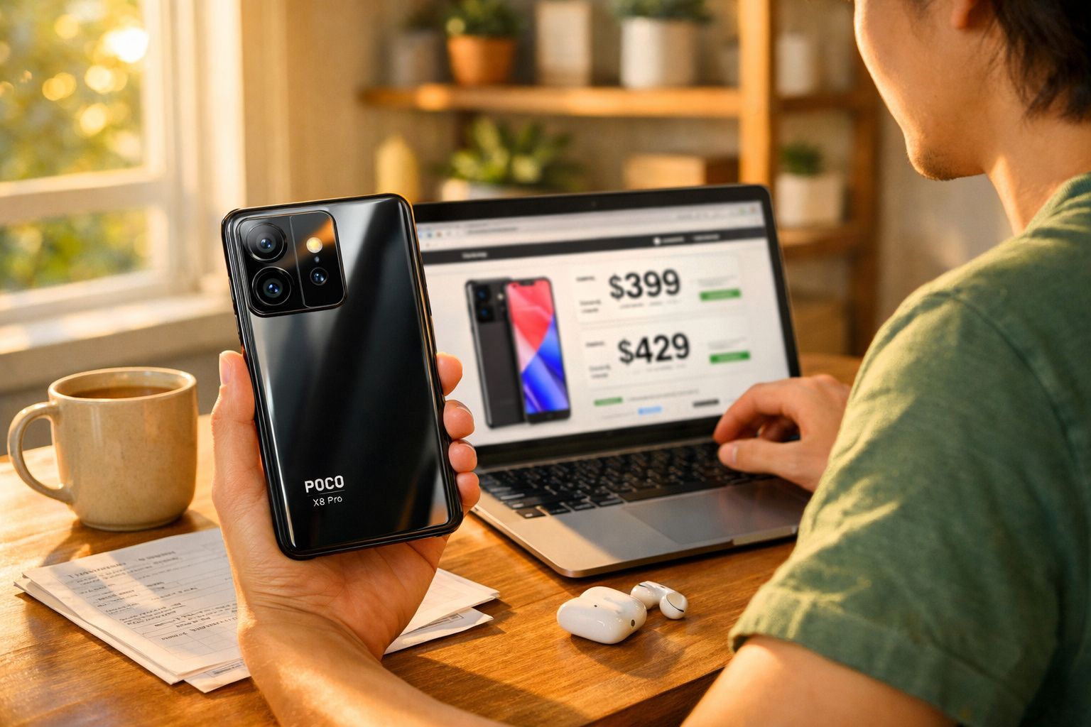Pessoa segurando celular Poco X3 Pro com site de comparação de preços aberto no notebook à frente.