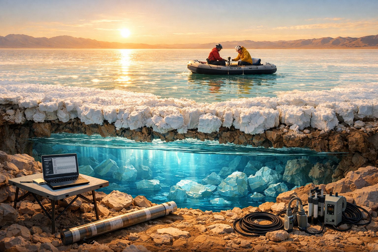 Pessoas em barco no lago ao pôr do sol com equipamento geológico e caverna submersa exposta na margem.