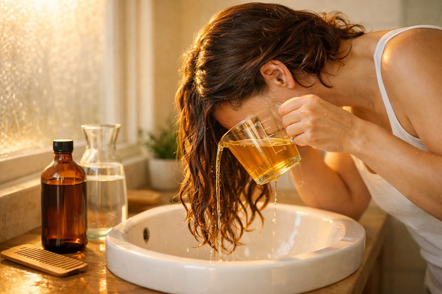 Mulher inclinada sobre pia lavando o cabelo com higienizador em ambiente iluminado natural.