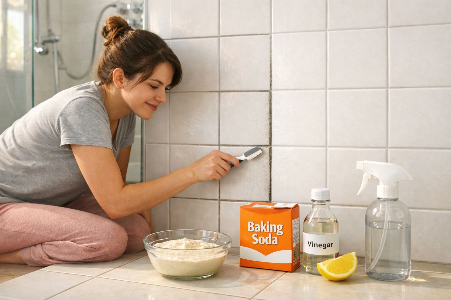 Mulher limpando rejunte do azulejo com escova usando bicarbonato, vinagre e spray de limpeza.