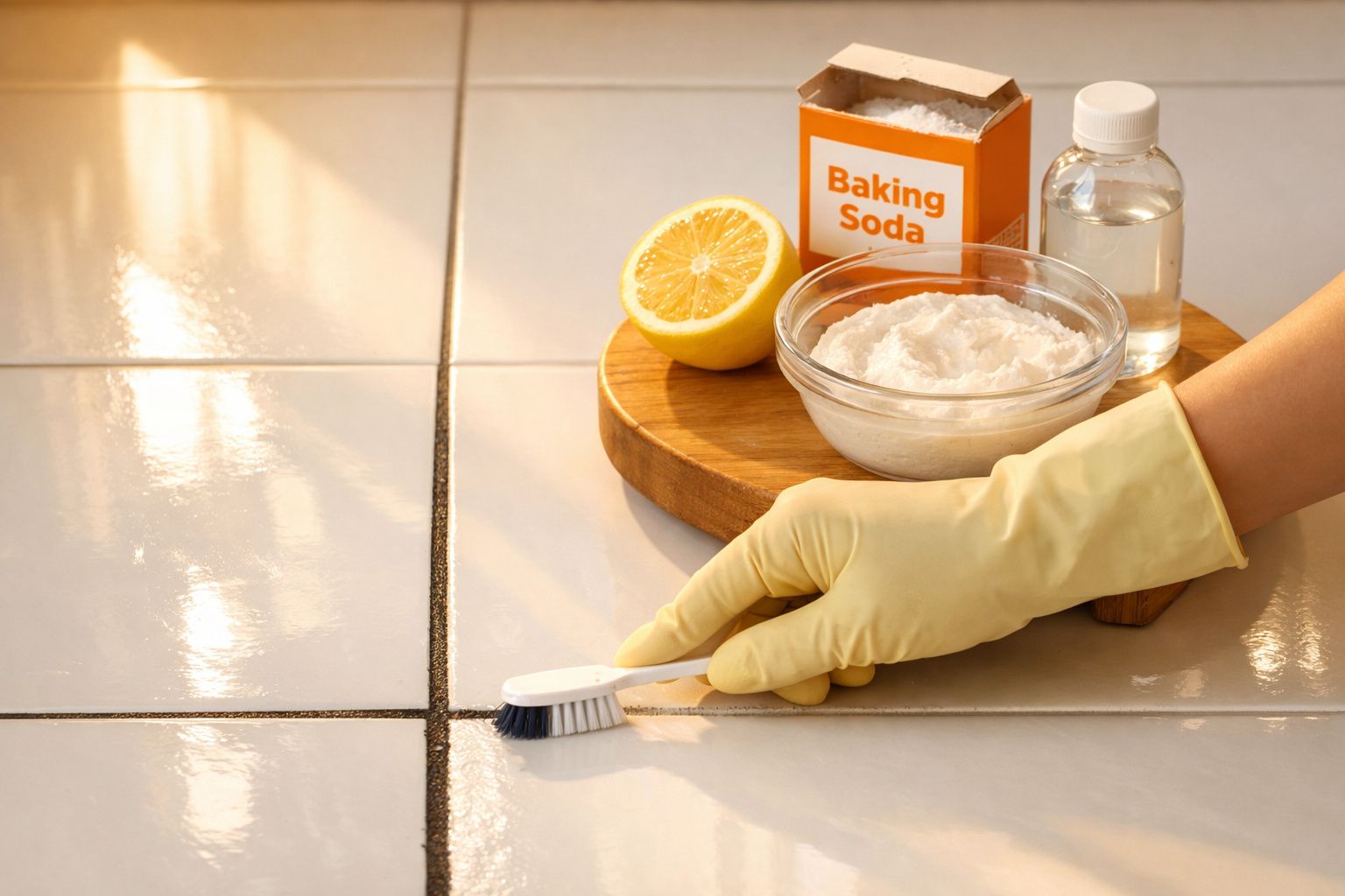 Mão com luva amarela limpando rejunte de azulejo com escova, bicarbonato, limão e vinagre ao fundo.