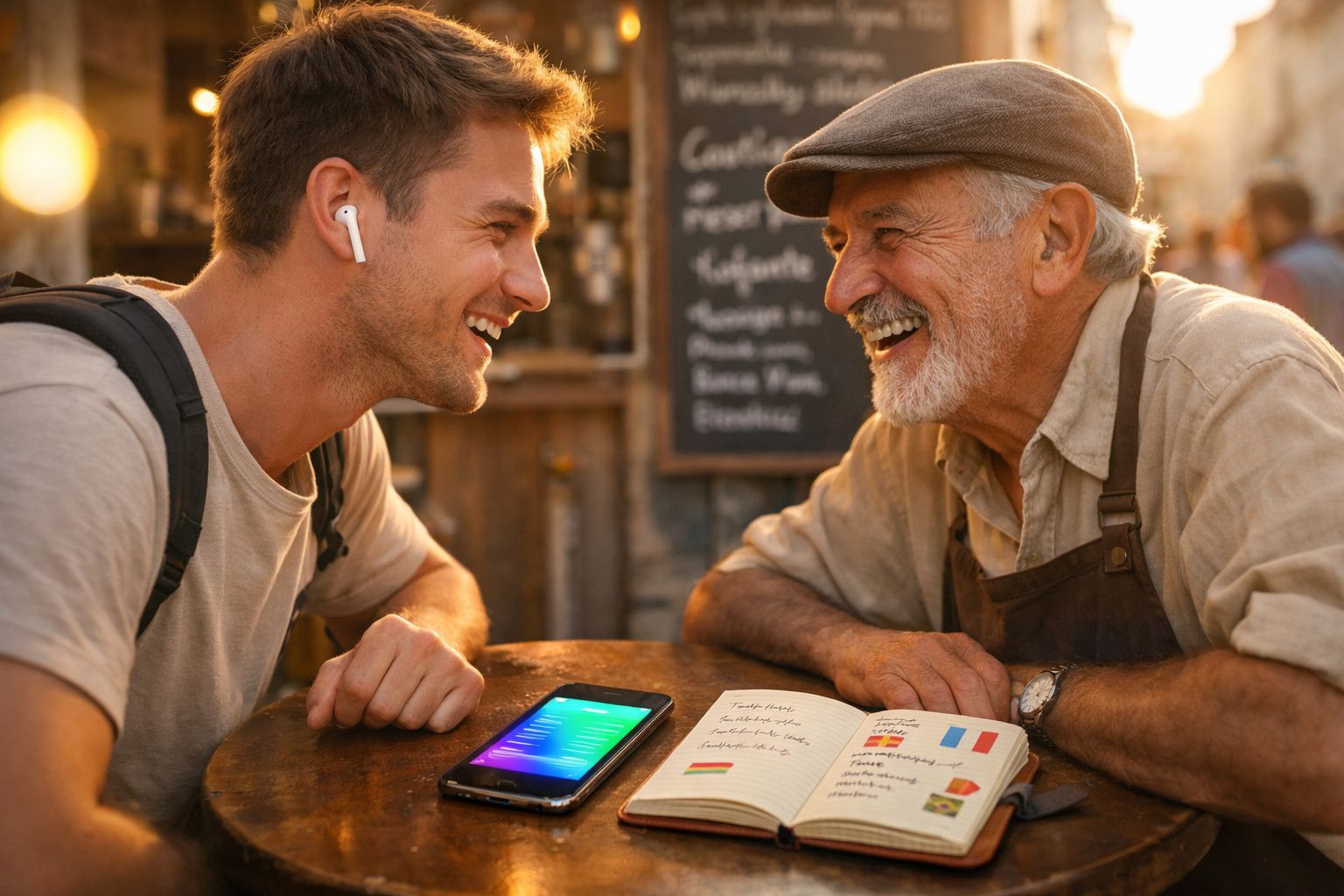 Jovem e idoso sorrindo conversam sentados à mesa com caderno e celular em ambiente externo.