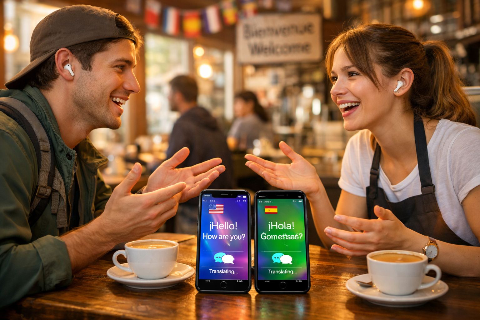 Homem e mulher conversando em café com tradução em tempo real exibida em dois celulares na mesa.