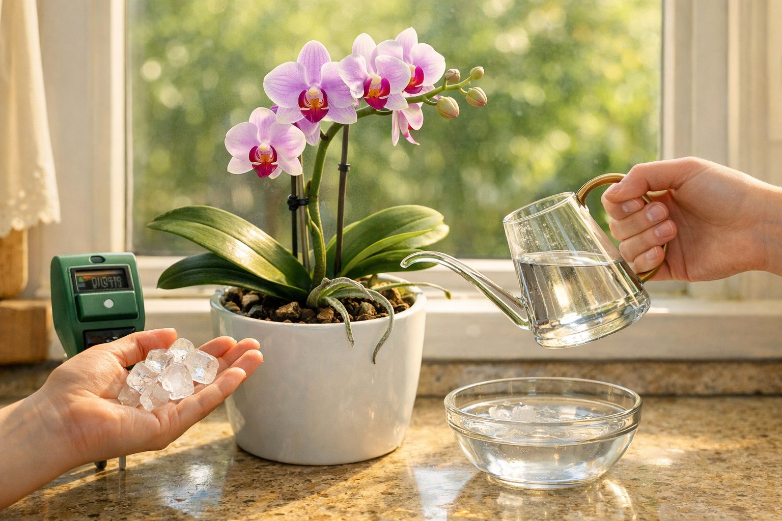 Mãos segurando cubos de gelo e regador de vidro irrigando orquídea rosa em vaso branco perto de janela.