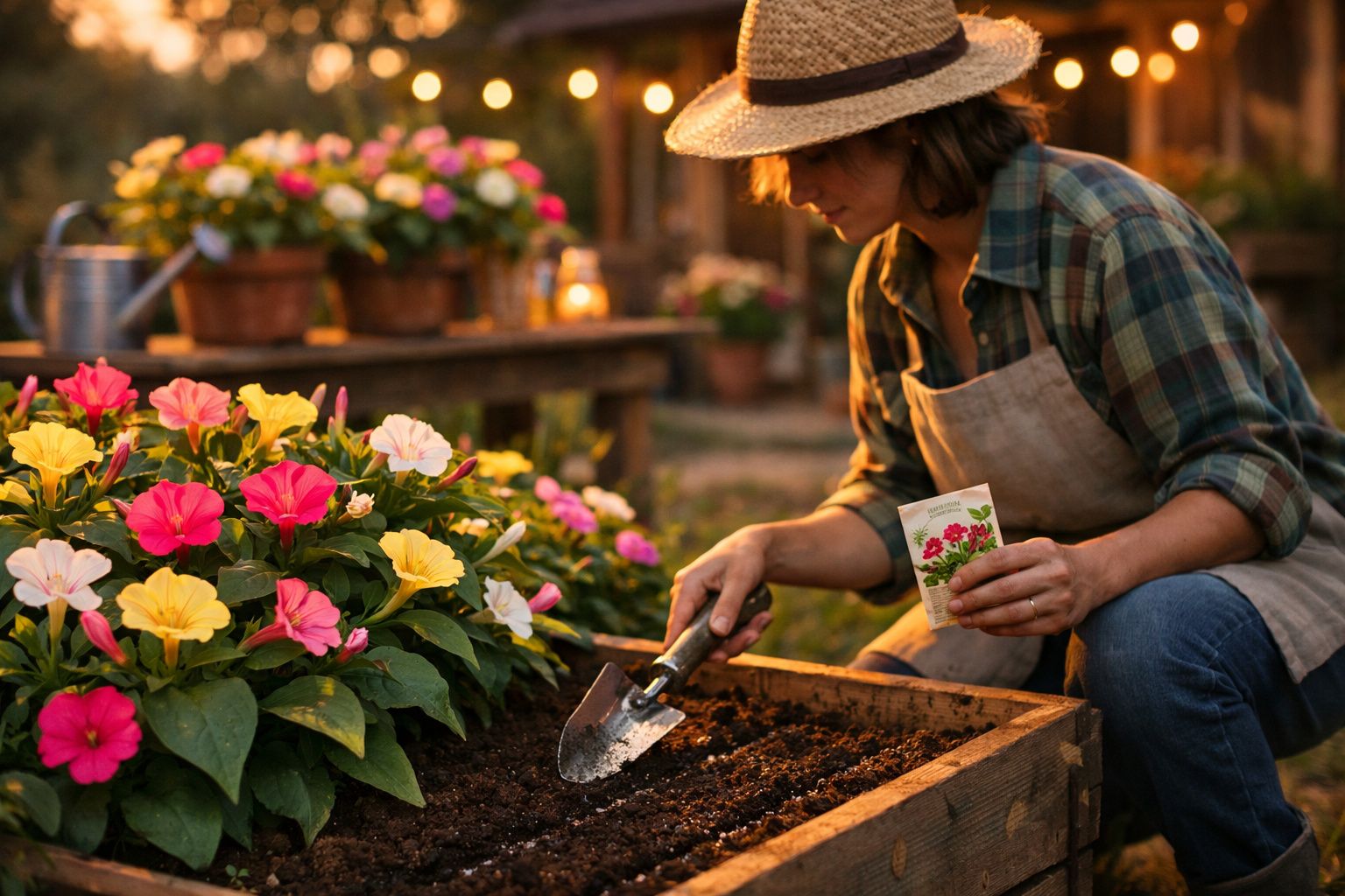 Mulher plantando flores coloridas em canteiro de madeira ao entardecer, usando chapéu e avental.
