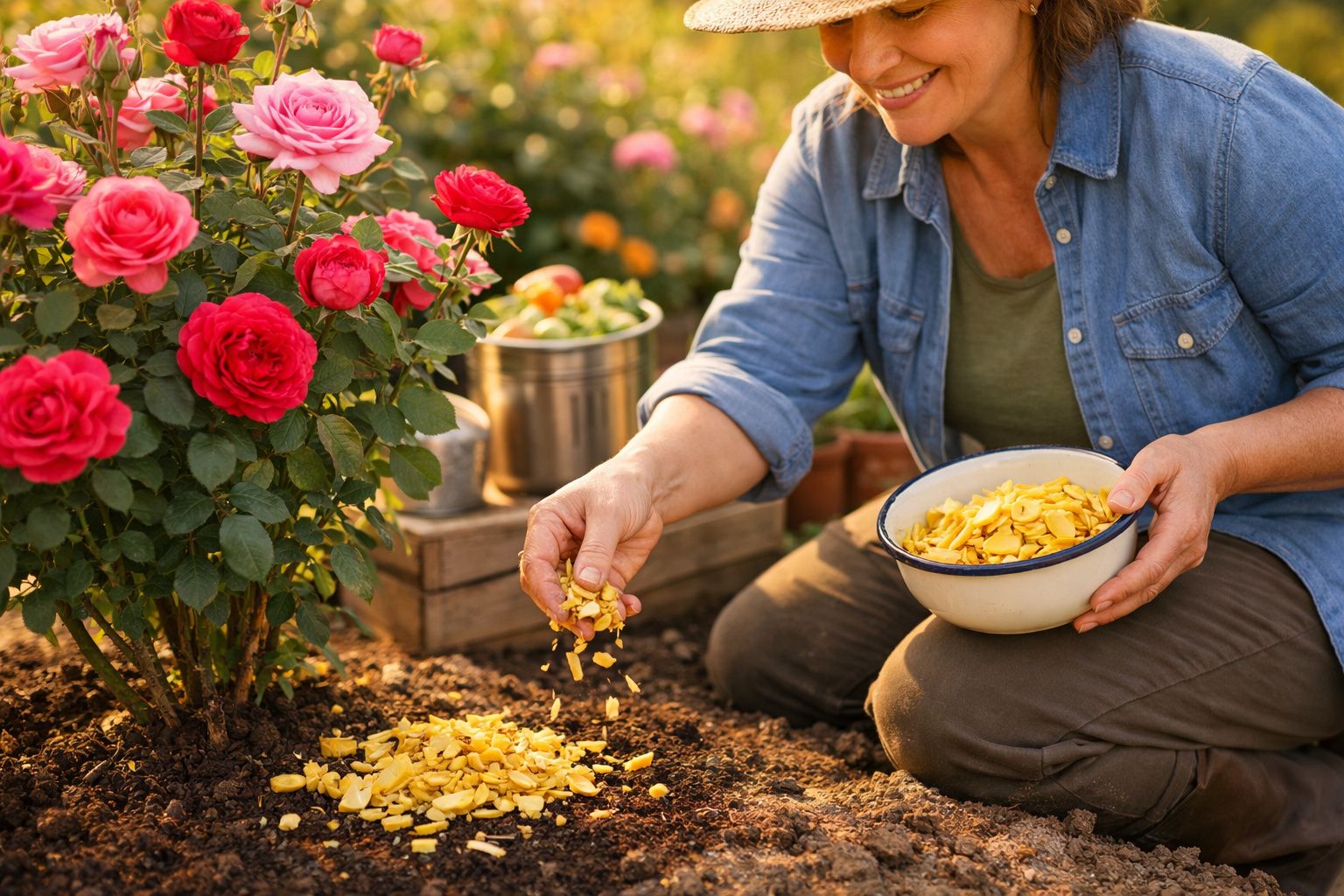 Mulher sorrindo espalha cobertura vegetal amarela no jardim próximo a um canteiro de rosas vermelhas e rosas.