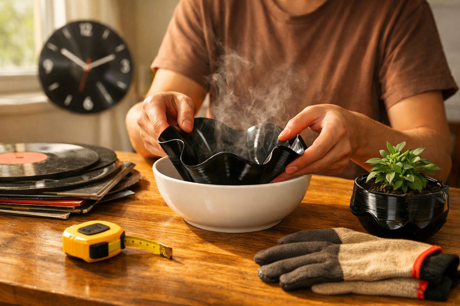 Pessoa molda vaso feito com disco de vinil em tigela com vapor, ao lado de plantas e ferramentas na mesa de madeira.