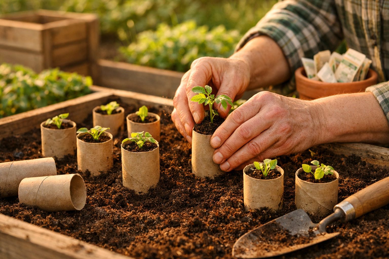 Mãos plantando mudas em recipientes de papel reciclado em canteiro de terra para cultivo.