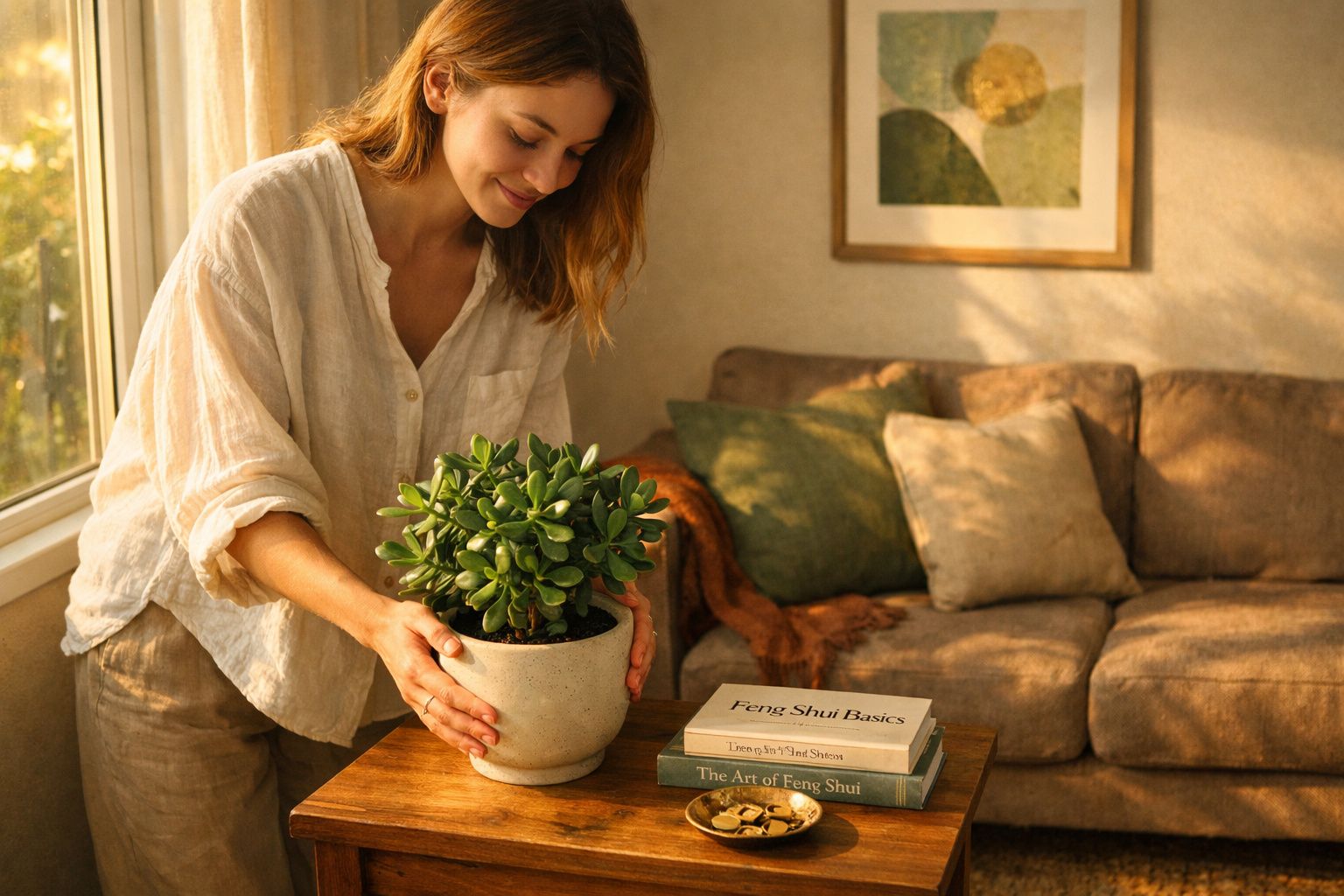 Mulher sorridente colocando vaso de planta sobre mesa com livros de Feng Shui em sala aconchegante.