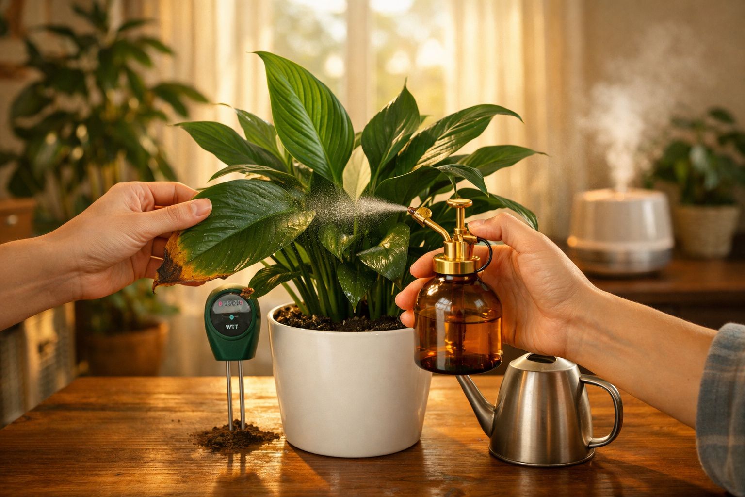 Pessoa borrifando água em planta verde com folha que parece estar seca, em vaso branco sobre mesa de madeira.