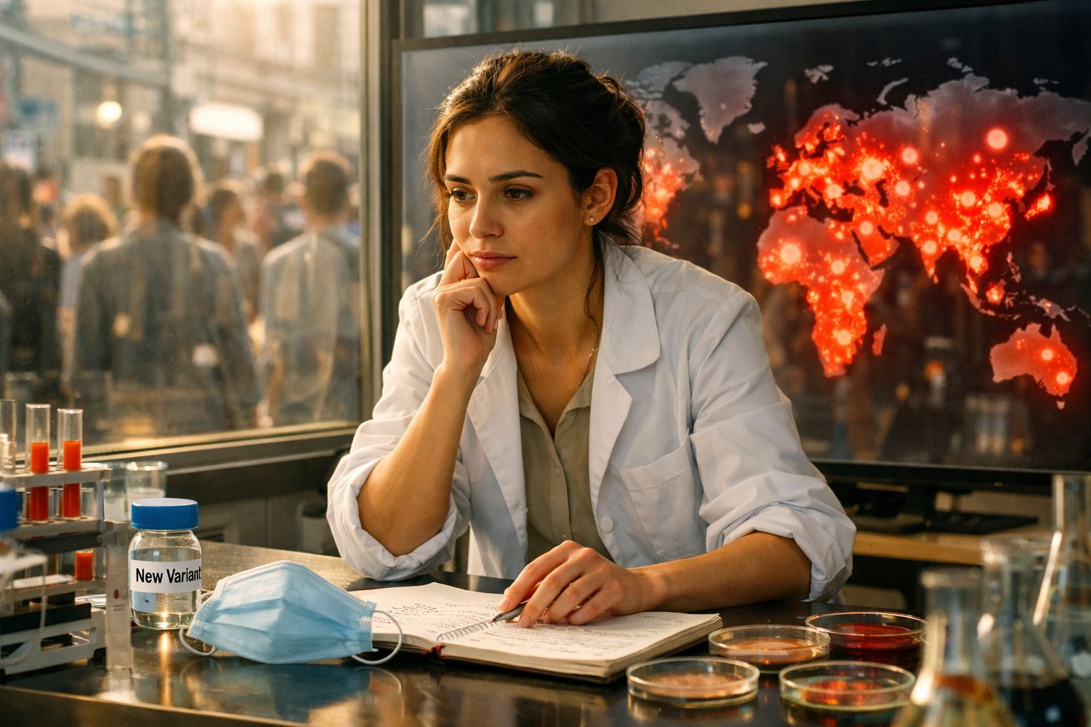 Pesquisadora em jaleco branca analisando anotações, máscara e amostras em laboratório sobre nova variante viral.
