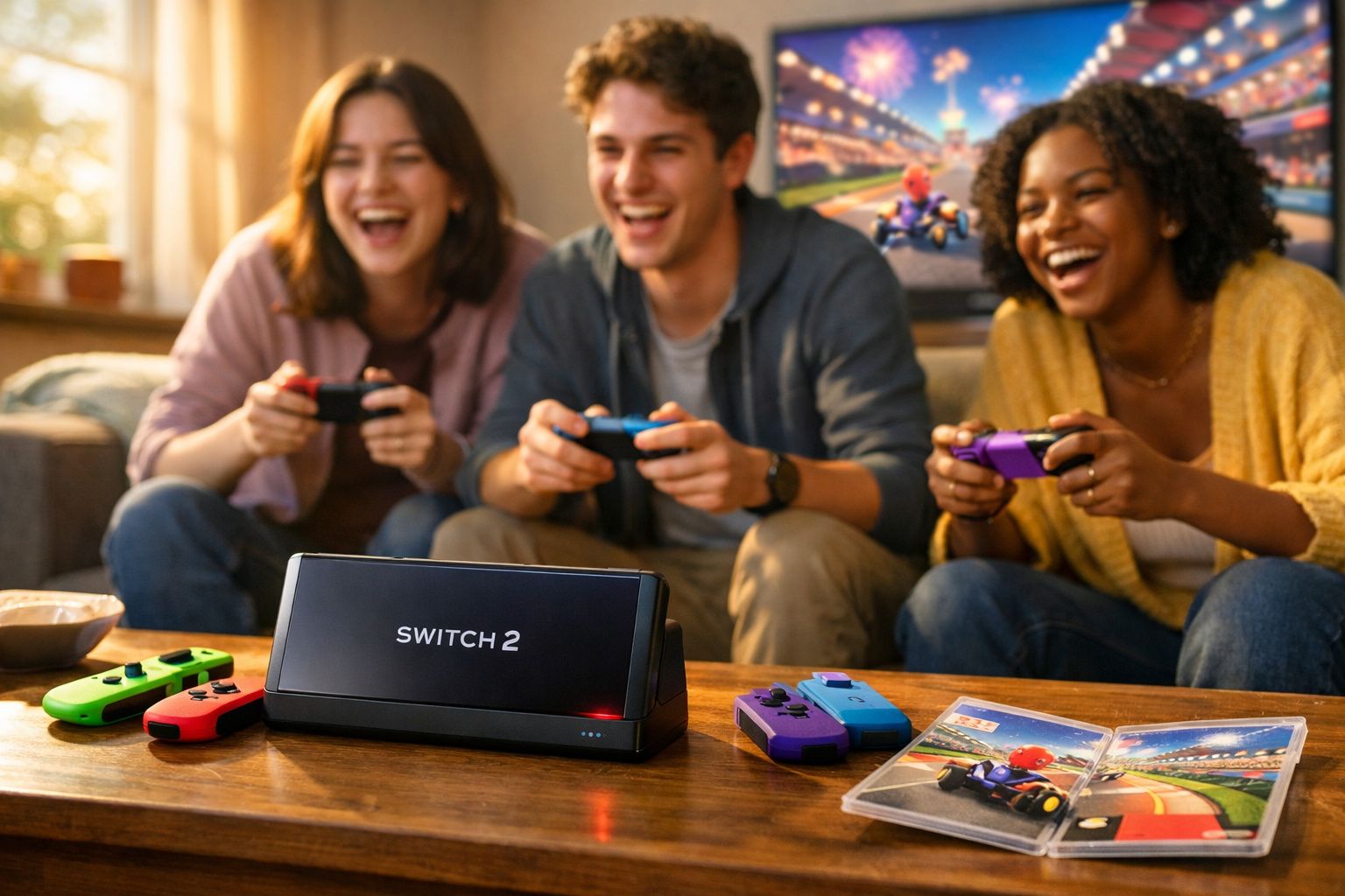 Três jovens jogando videogame na sala, rindo e segurando controles coloridos com videogame Switch 2 na mesa.