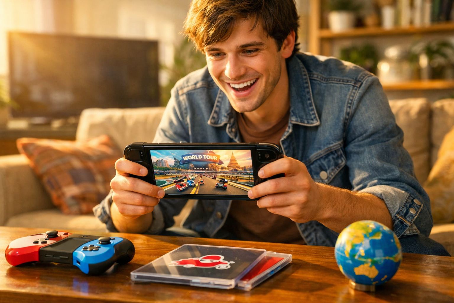 Jovem feliz jogando videogame portátil em casa, com controle e globo terrestre sobre a mesa à sua frente.