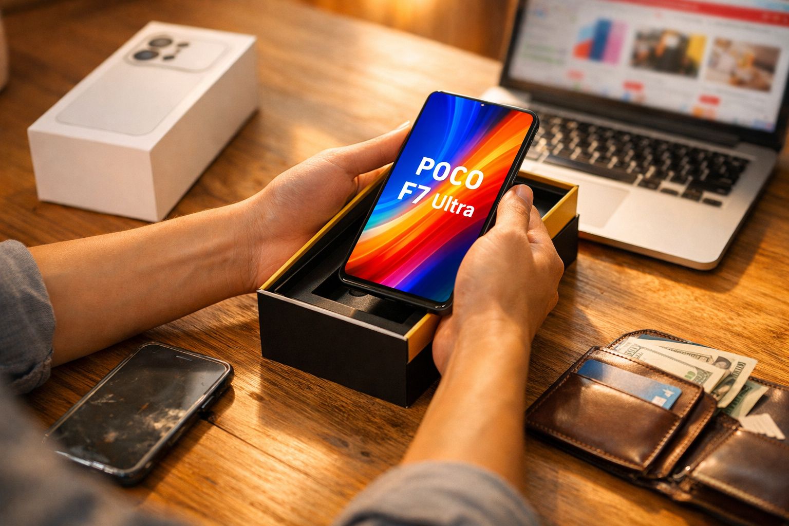 Pessoa segurando smartphone POCO F7 Ultra recém retirado da caixa sobre mesa de madeira.