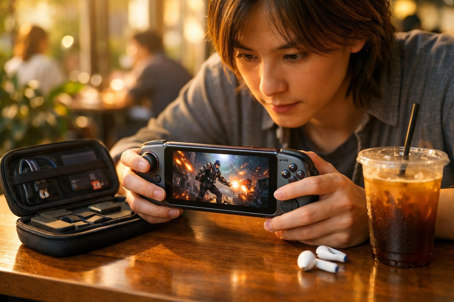 Jovem jogando videogame portátil em café com bebida gelada e fones de ouvido sobre a mesa.