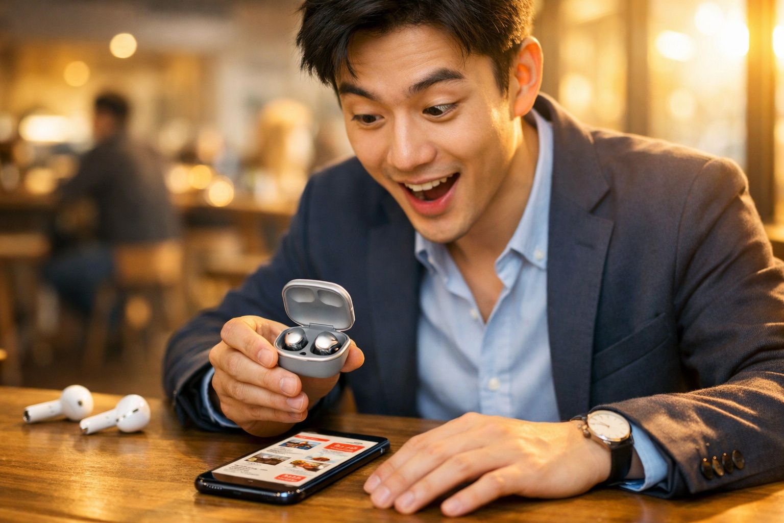 Homem surpreso segurando estojo de fones de ouvido sem fio com smartphone na mesa em cafeteria.