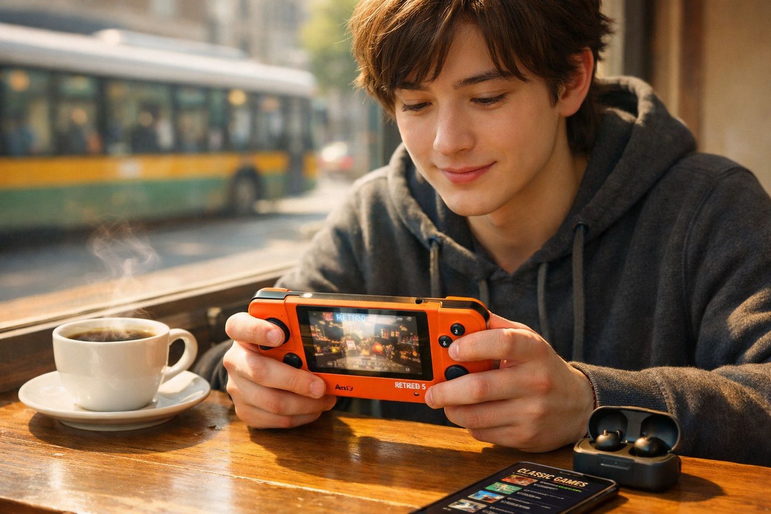 Jovem sorrindo enquanto joga em console portátil laranja em mesa com café e fones de ouvido.
