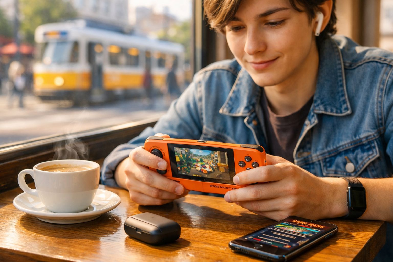 Jovem usando fones de ouvido jogando em console portátil laranja em mesa com café e celular.