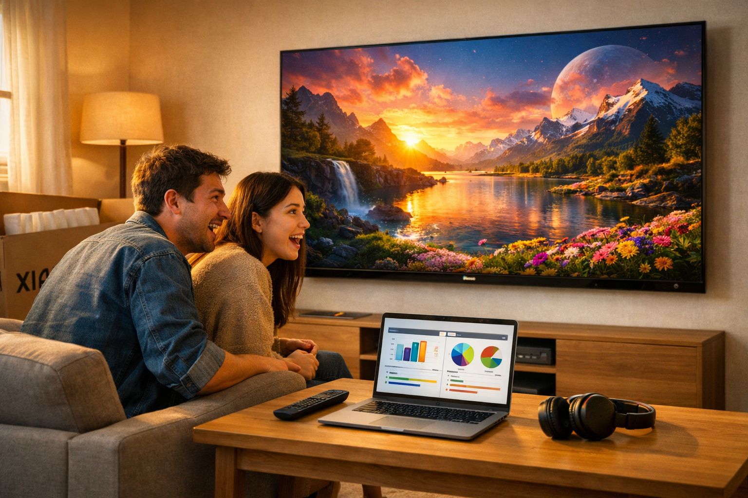 Casal sentado no sofá assistindo TV com imagem de paisagem colorida, ao lado laptop com gráficos e fones.