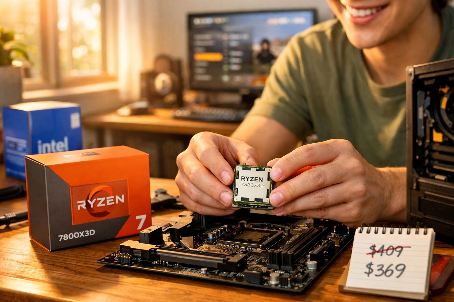 Pessoa segurando processador Ryzen 7 7800X3D próxima a placa-mãe em mesa com caixa e computador.
