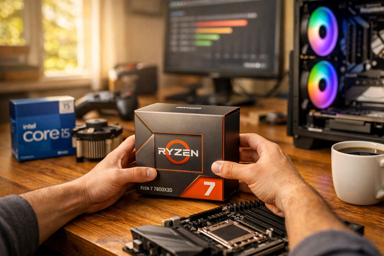 Mãos segurando caixa do processador Ryzen 7 7800X3D em mesa com peças de computador e xícara de café.