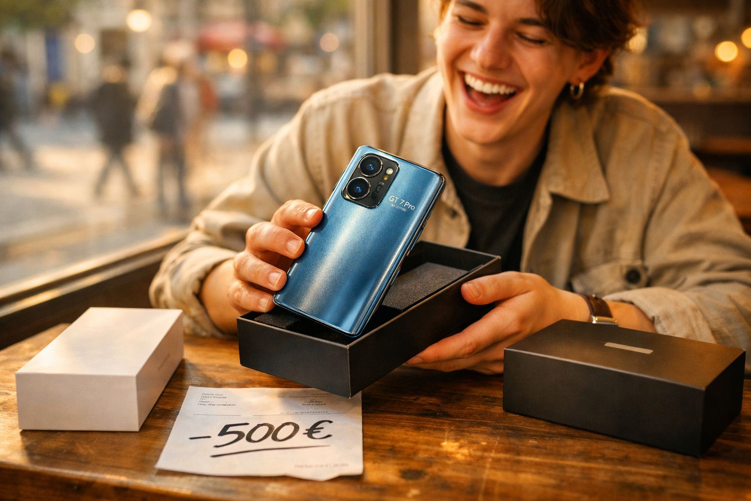 Pessoa sorrindo segurando um celular azul GT 7 Pro recém tirado da caixa em uma mesa de madeira.