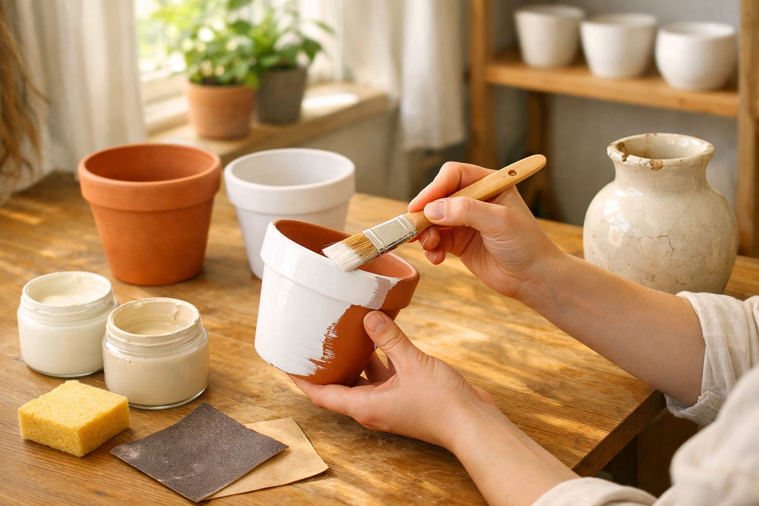 Pessoa pintando vaso de barro com pincel e tinta branca em mesa de madeira.