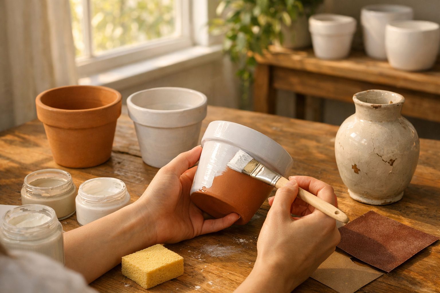 Mãos pintando vaso de barro com tinta branca sobre mesa de madeira próxima a janelas iluminadas.