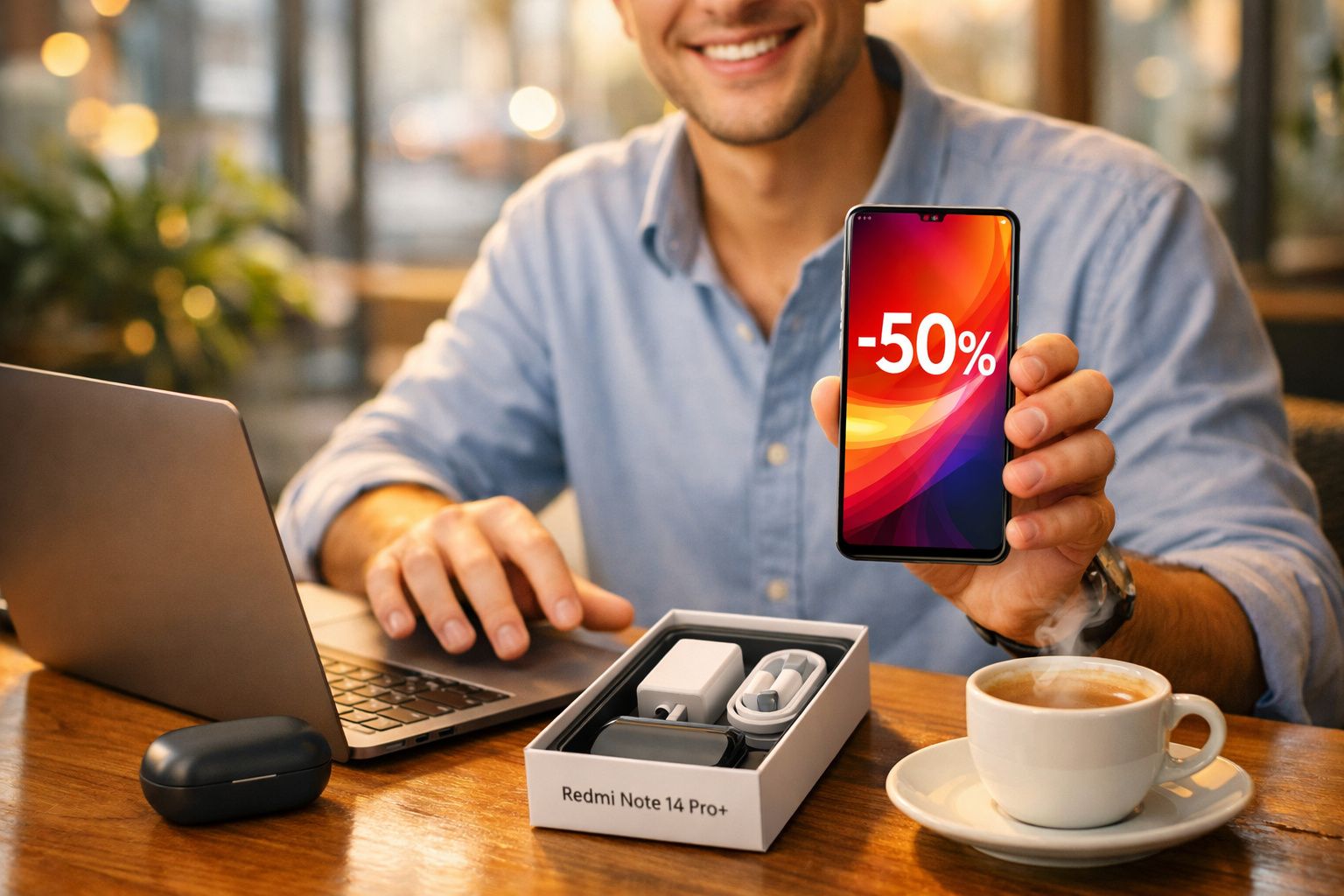Pessoa segurando celular com desconto de 50%, caixa do Redmi Note 14 Pro+ e laptop em mesa com café.