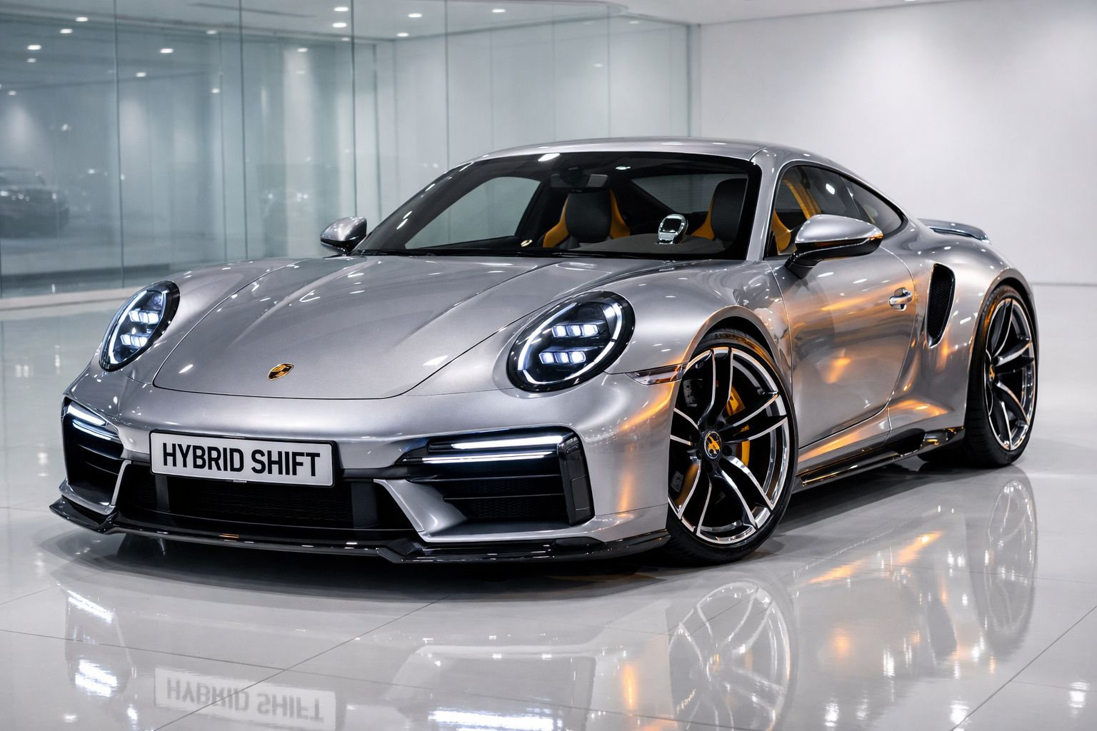 Carro esportivo prata Porsche estacionado em ambiente interno com luz refletida no chão branco.