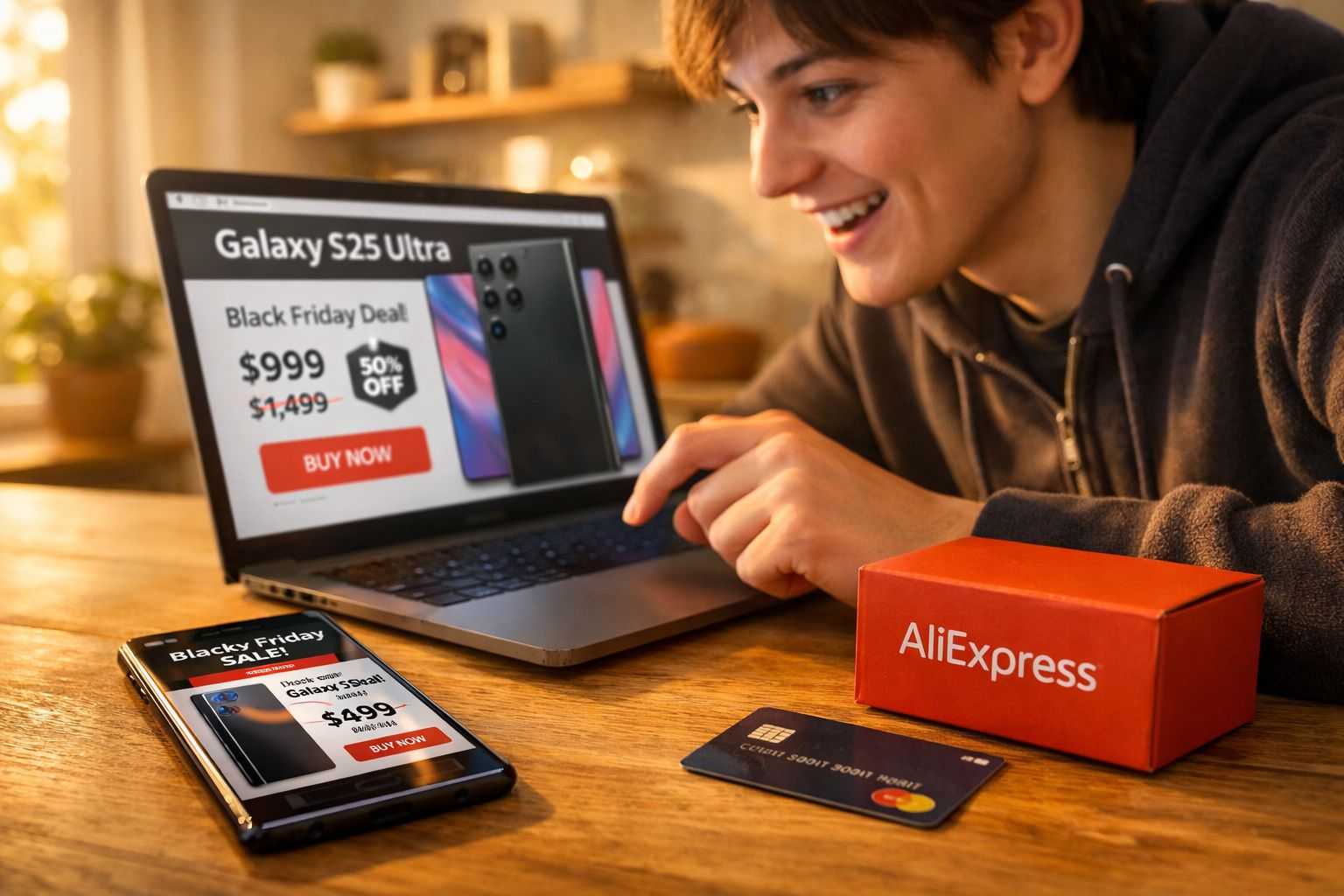 Pessoa sorridente compra promoção de Black Friday do Galaxy S25 Ultra no laptop com caixa AliExpress e cartão na mesa.