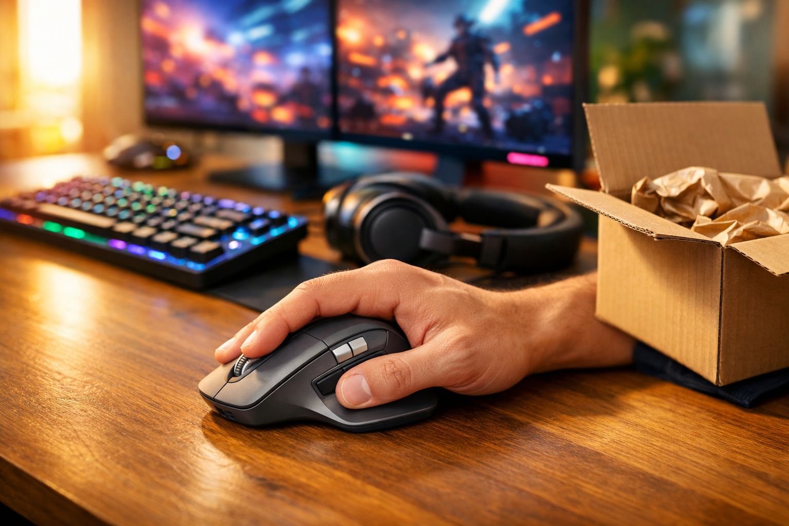 Mão usando mouse em mesa com teclado RGB, fone de ouvido e caixa de papelão aberta.