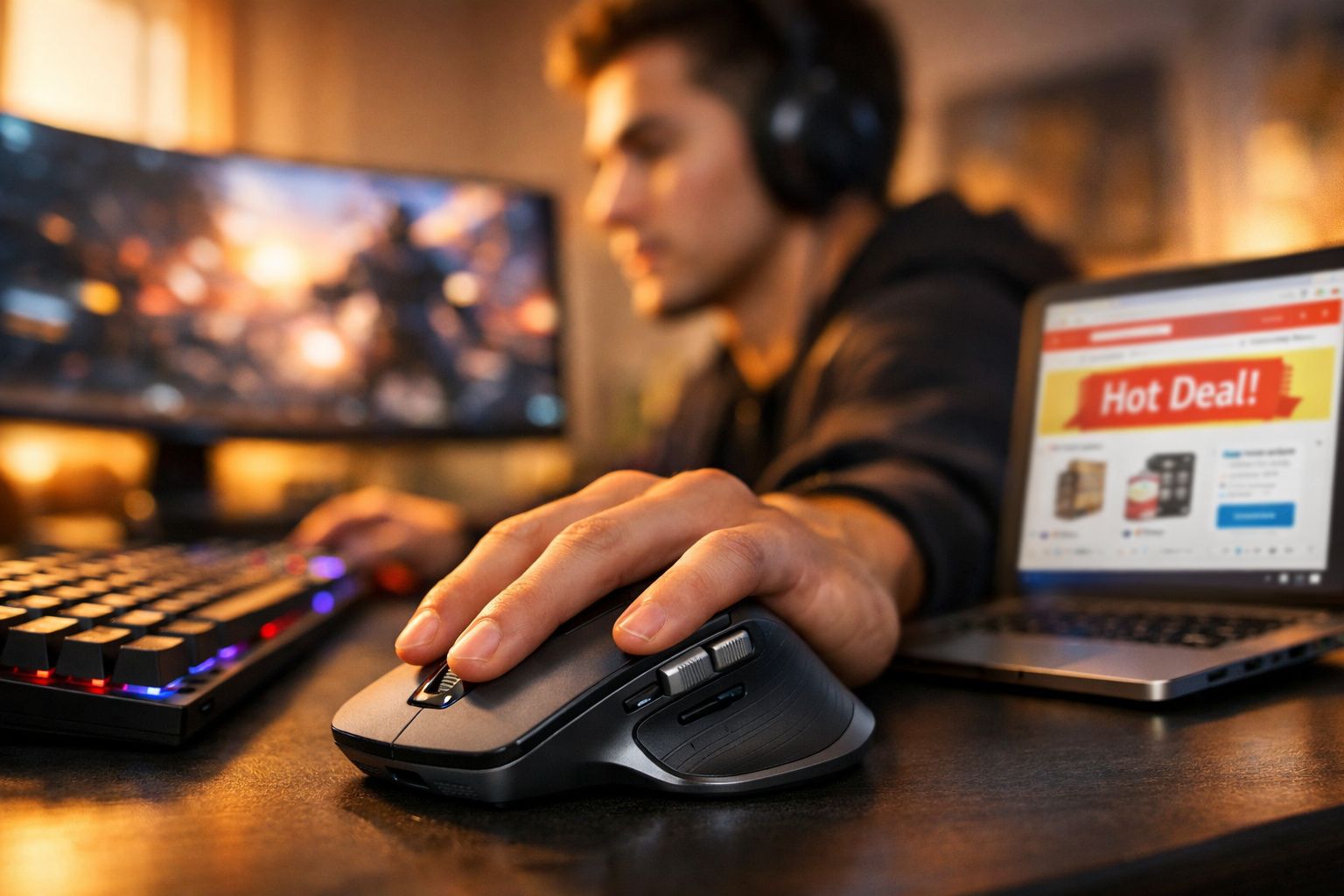 Pessoa usando mouse em mesa com teclado, monitor e laptop exibindo oferta online.