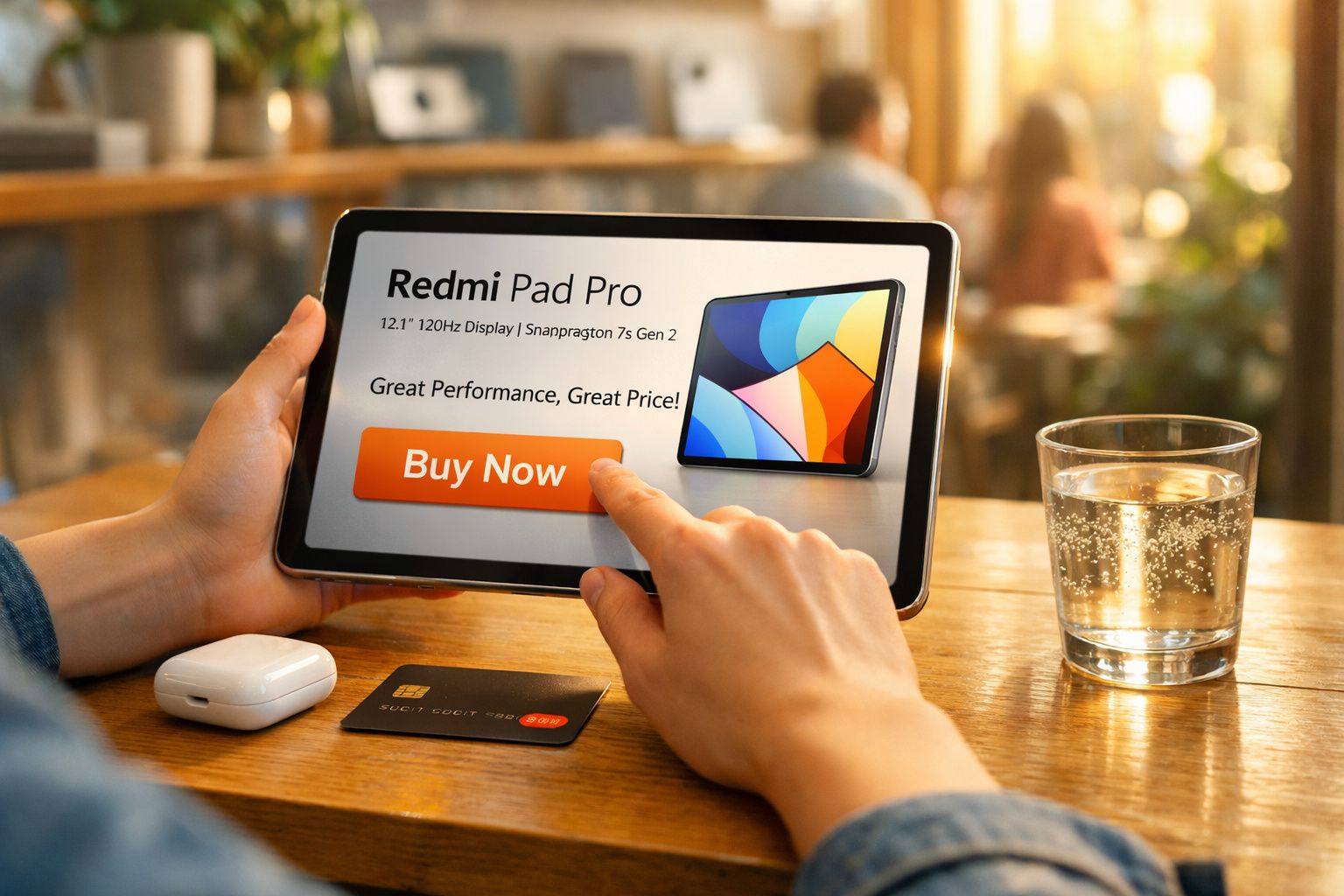 Pessoa usando tablet para comprar Redmi Pad Pro, com carteira e copo de água sobre mesa de madeira.