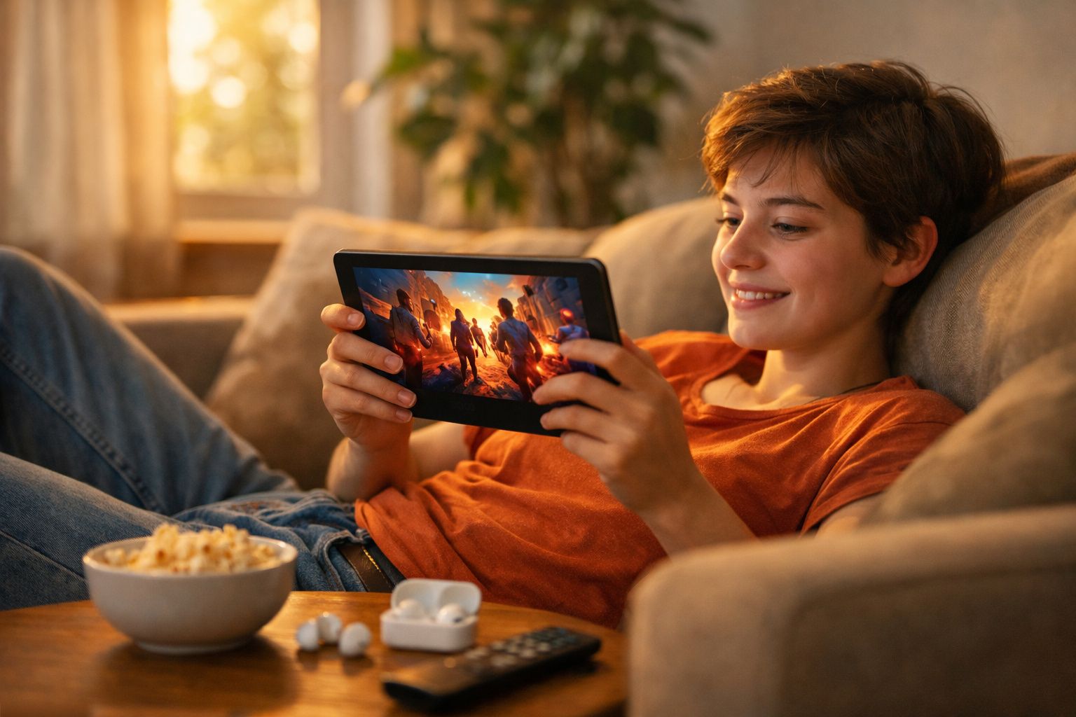 Garoto sorrindo assistindo filme em tablet no sofá com pipoca, fones e controle na mesa.