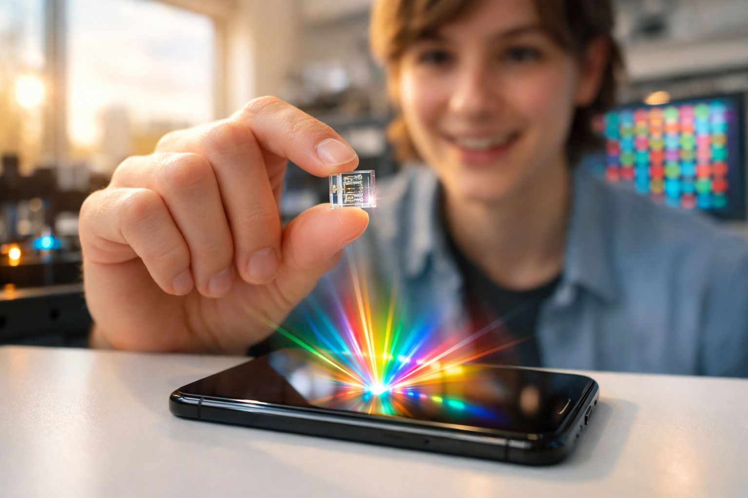 Pessoa segurando pequeno chip transparente acima de celular com luzes coloridas saindo da tela.