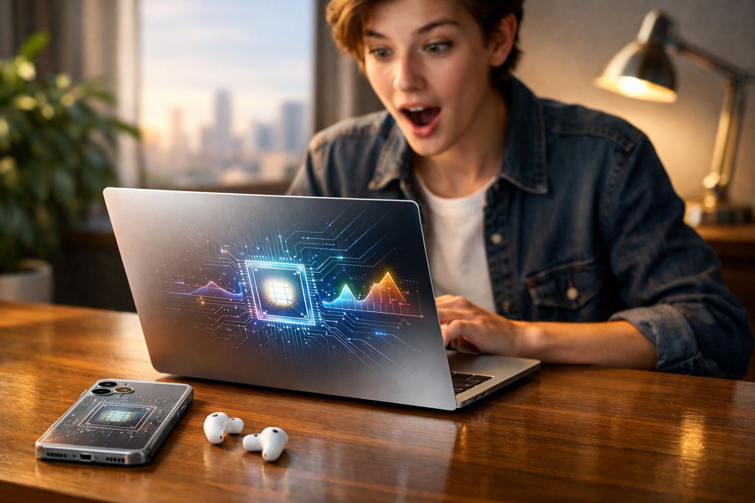 Pessoa surpresa olhando para notebook com ilustração digital de chip e gráficos, com celular e fones sobre mesa.