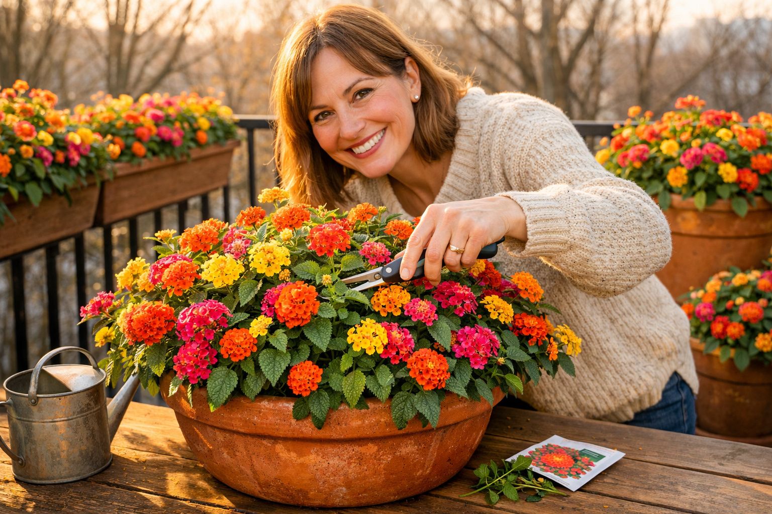 Mulher sorridente poda flores coloridas em grande vaso de cerâmica em varanda com outras plantas.