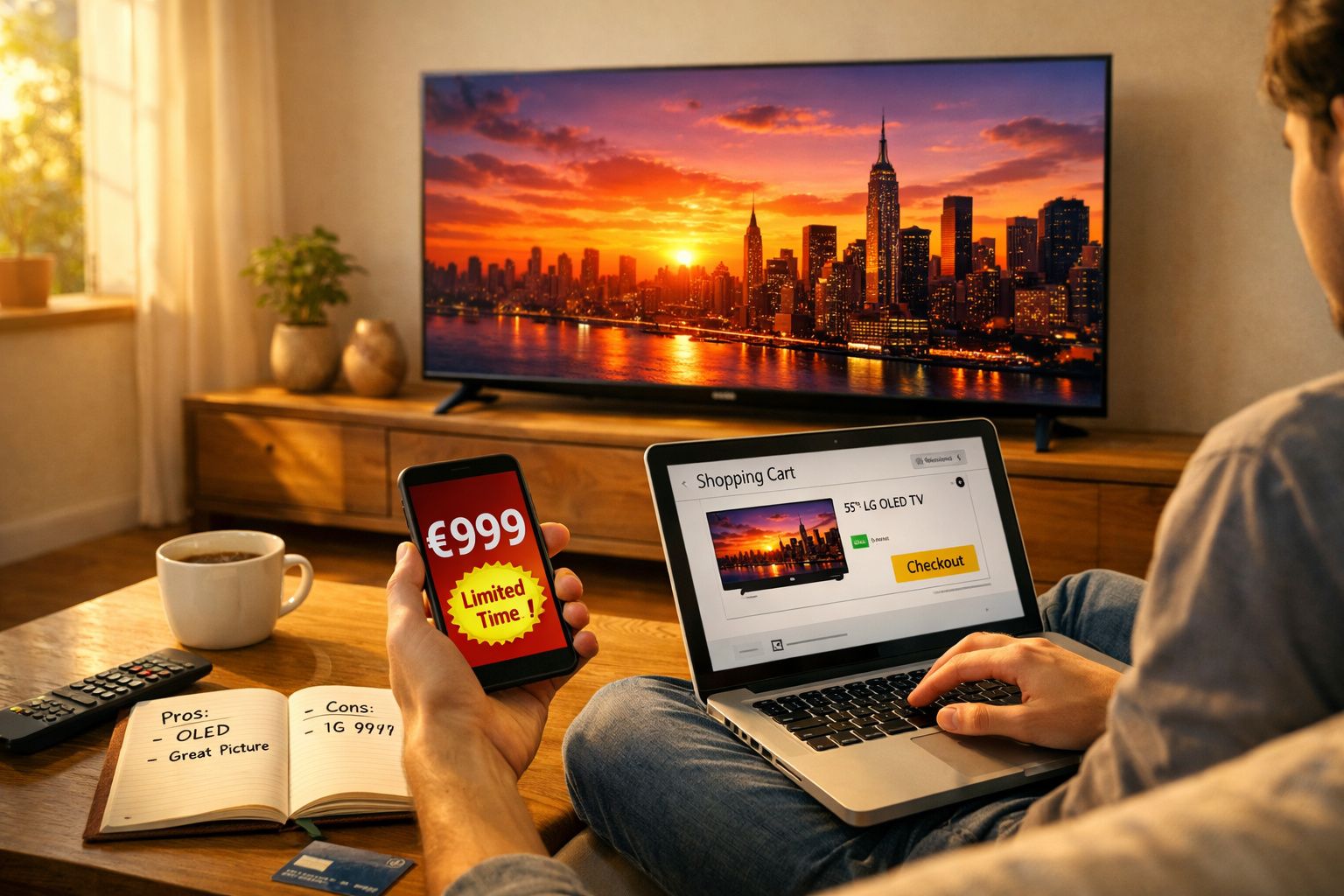 Pessoa comprando TV LG OLED 55" online, com preço promocional de €999 e anotação de características no caderno.