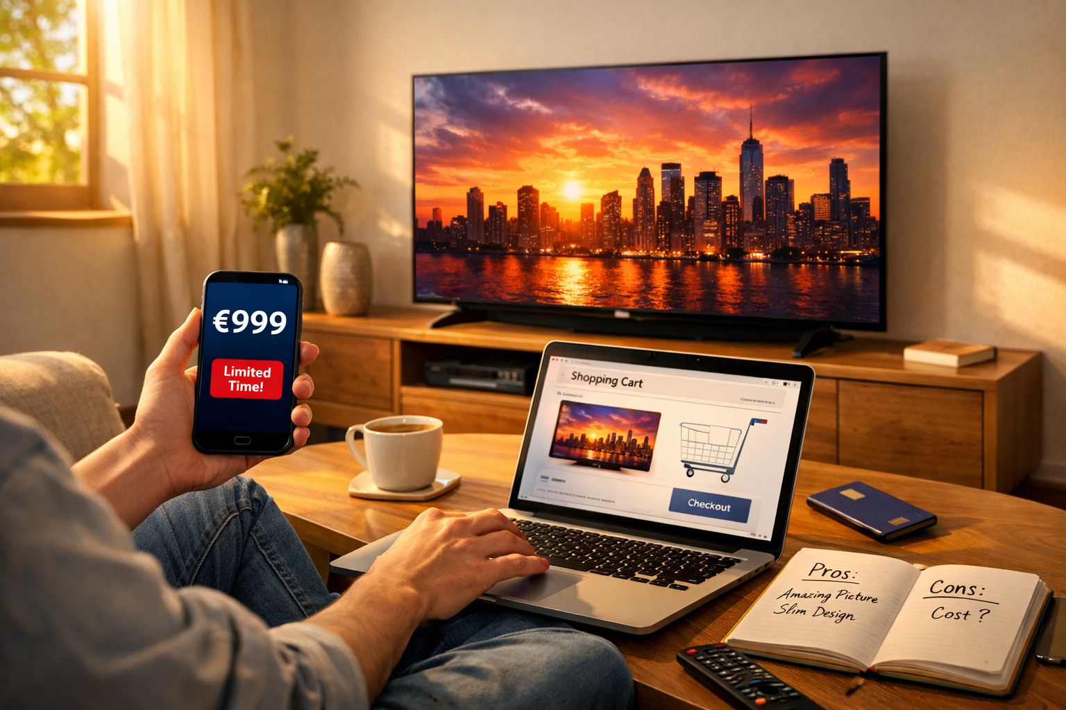Pessoa comprando uma TV nova online por €999 com nota de prós e contras ao lado em uma sala iluminada.