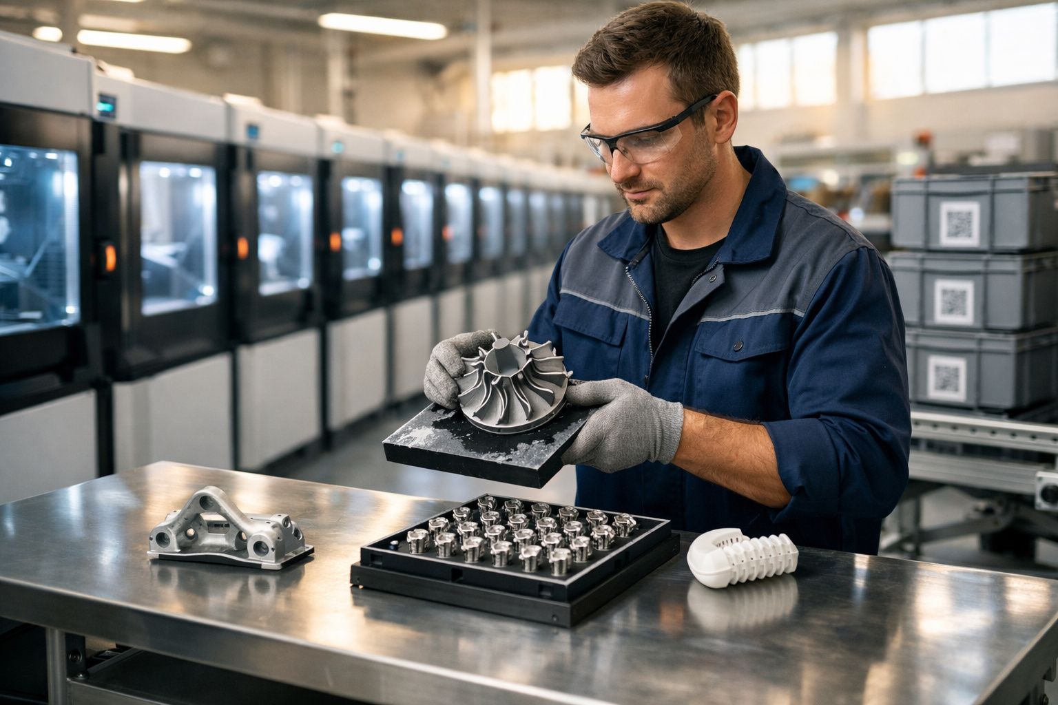 Homem com óculos de proteção inspeciona peça metálica em fábrica com máquinas ao fundo.