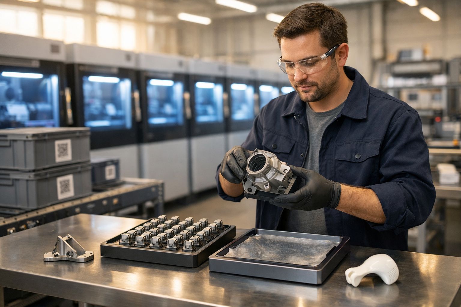 Homem com óculos de proteção inspeciona peça metálica em fábrica com equipamentos industriais ao fundo.