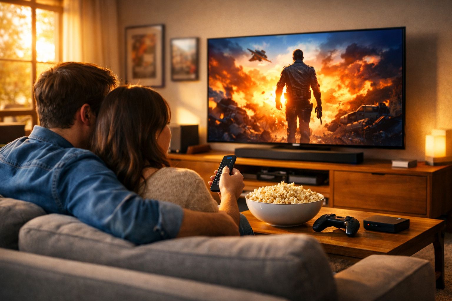 Casal sentado no sofá assistindo filme de ação na TV com balde de pipoca e controle remoto na mão.