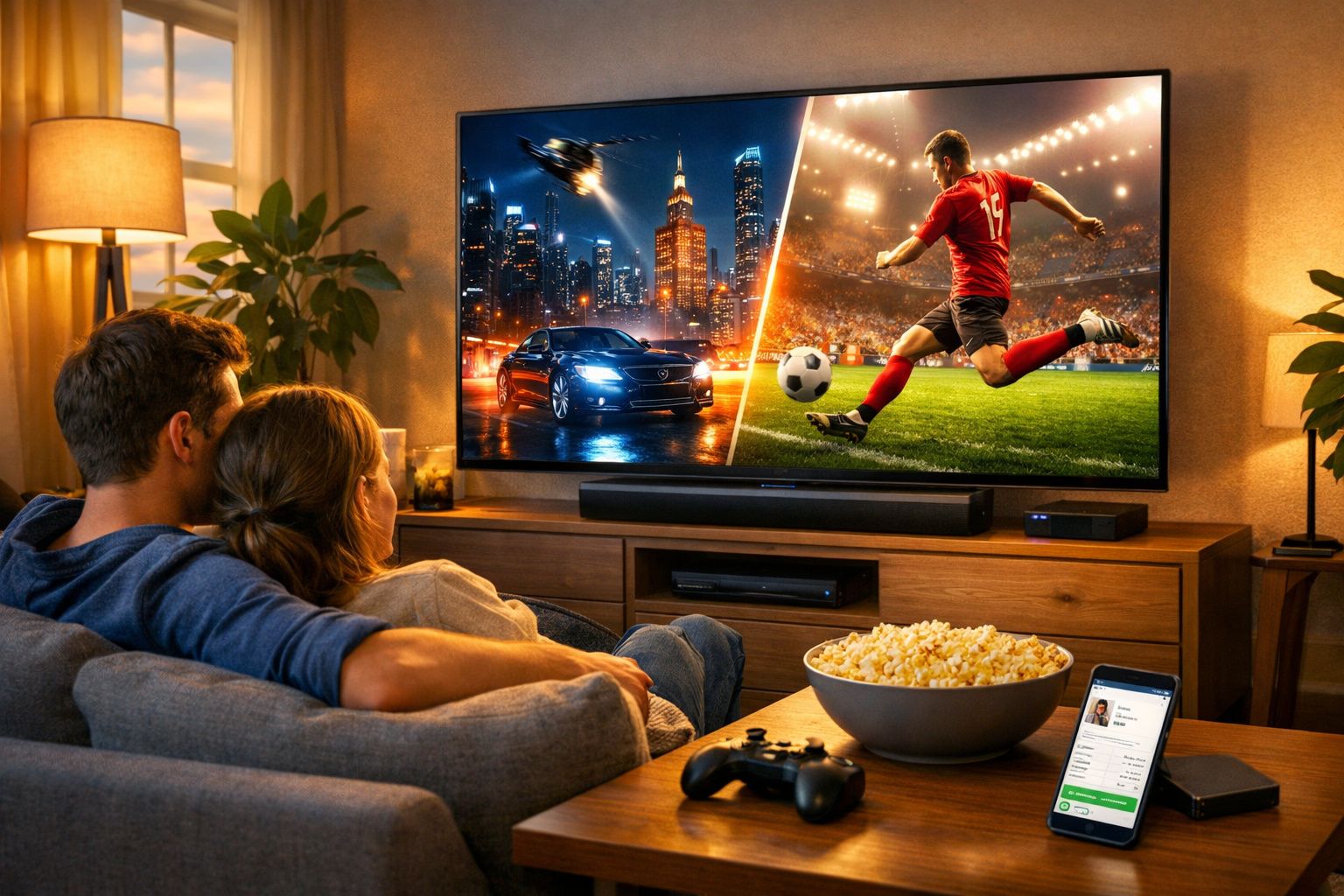 Casal assistindo televisão com filme de ação e futebol, com pipoca e controle na sala aconchegante.