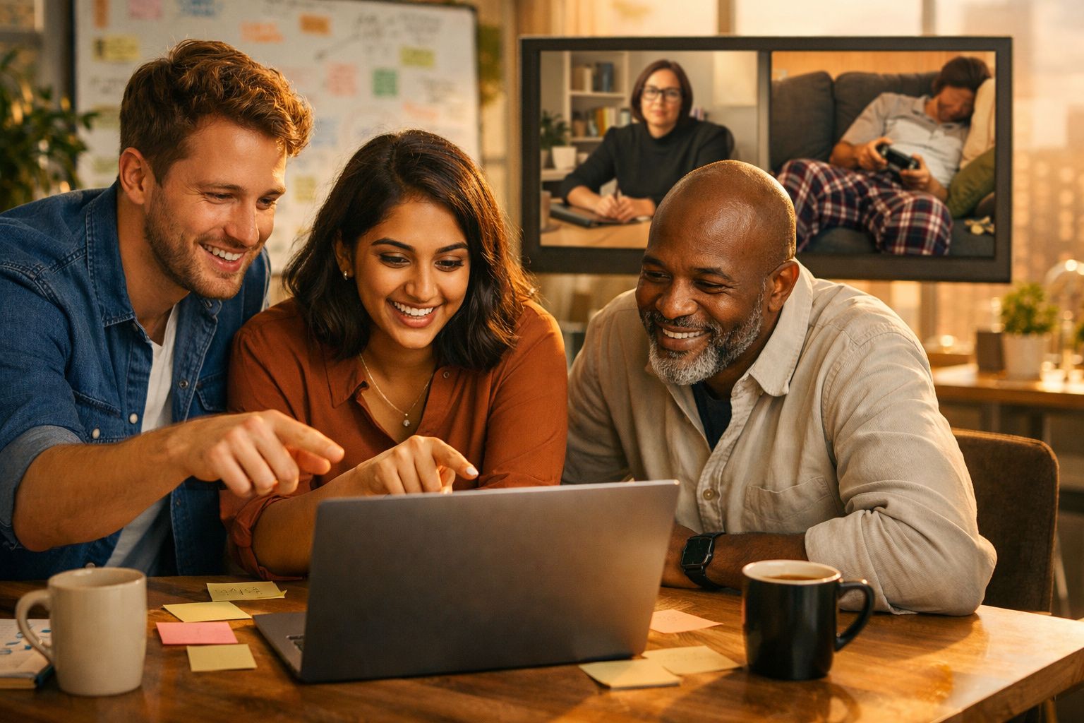 Três pessoas sorriem enquanto trabalham juntas em um laptop em uma mesa com canecas e papéis.