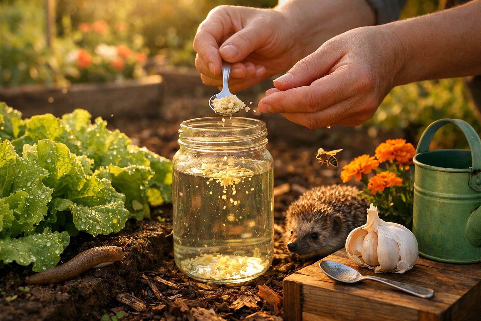 Mãos colocando alho picado em pote com água em jardim com alface, ouriço e regador verde.