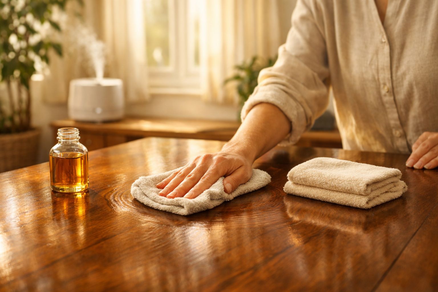 Pessoa limpando mesa de madeira com pano e um frasco de óleo ao lado em ambiente iluminado.