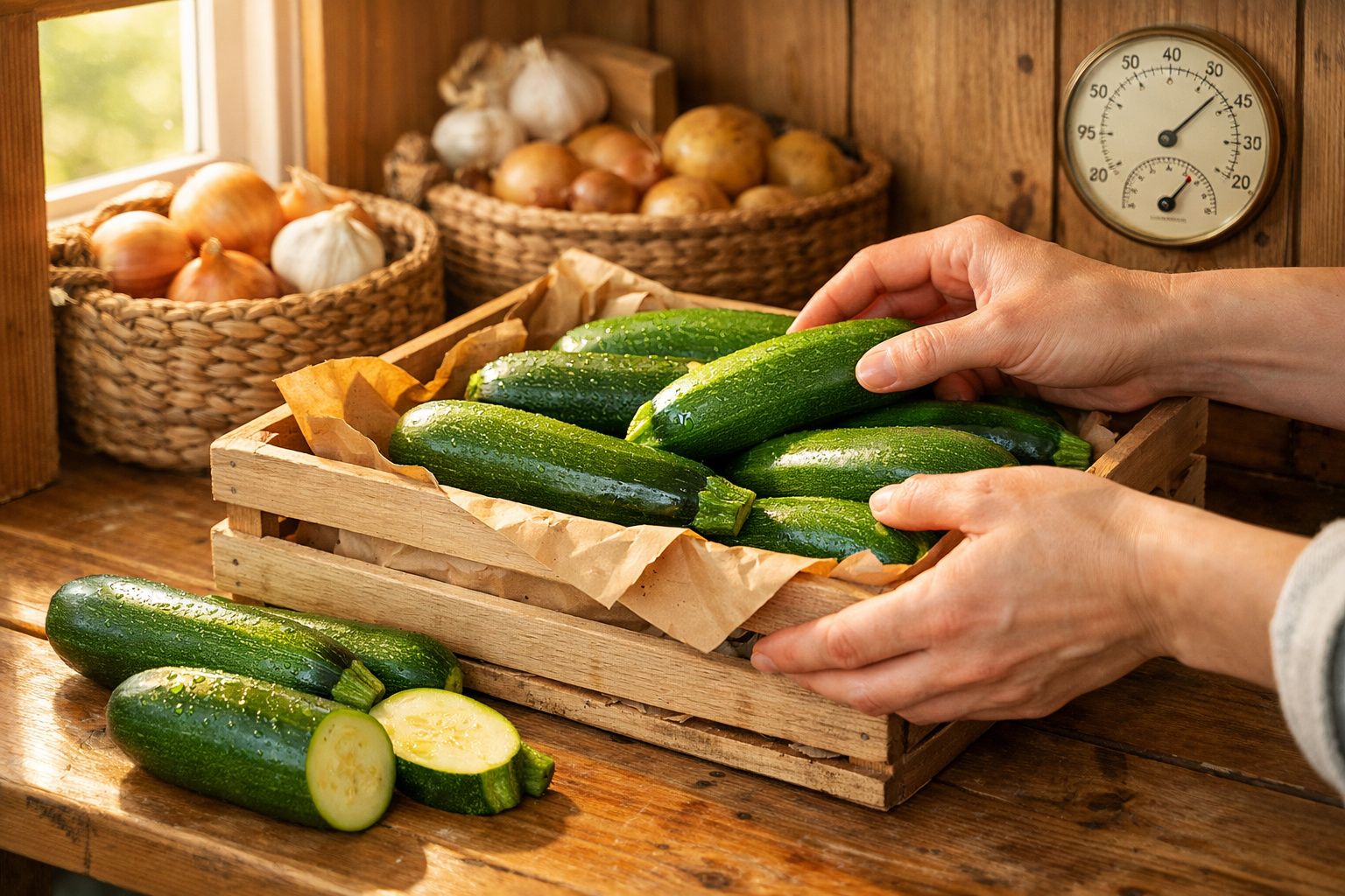 Mãos organizando abobrinhas frescas em caixa de madeira, com cebolas e alho em cestos ao fundo.